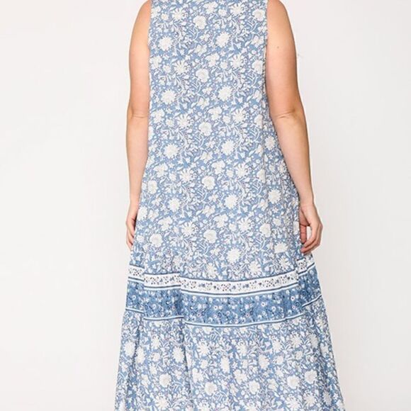 NWT! PLUS Size Boho Sleeveless V Neck Button Down Long Blue Dress Ruffled Hem - Picture 5 of 7